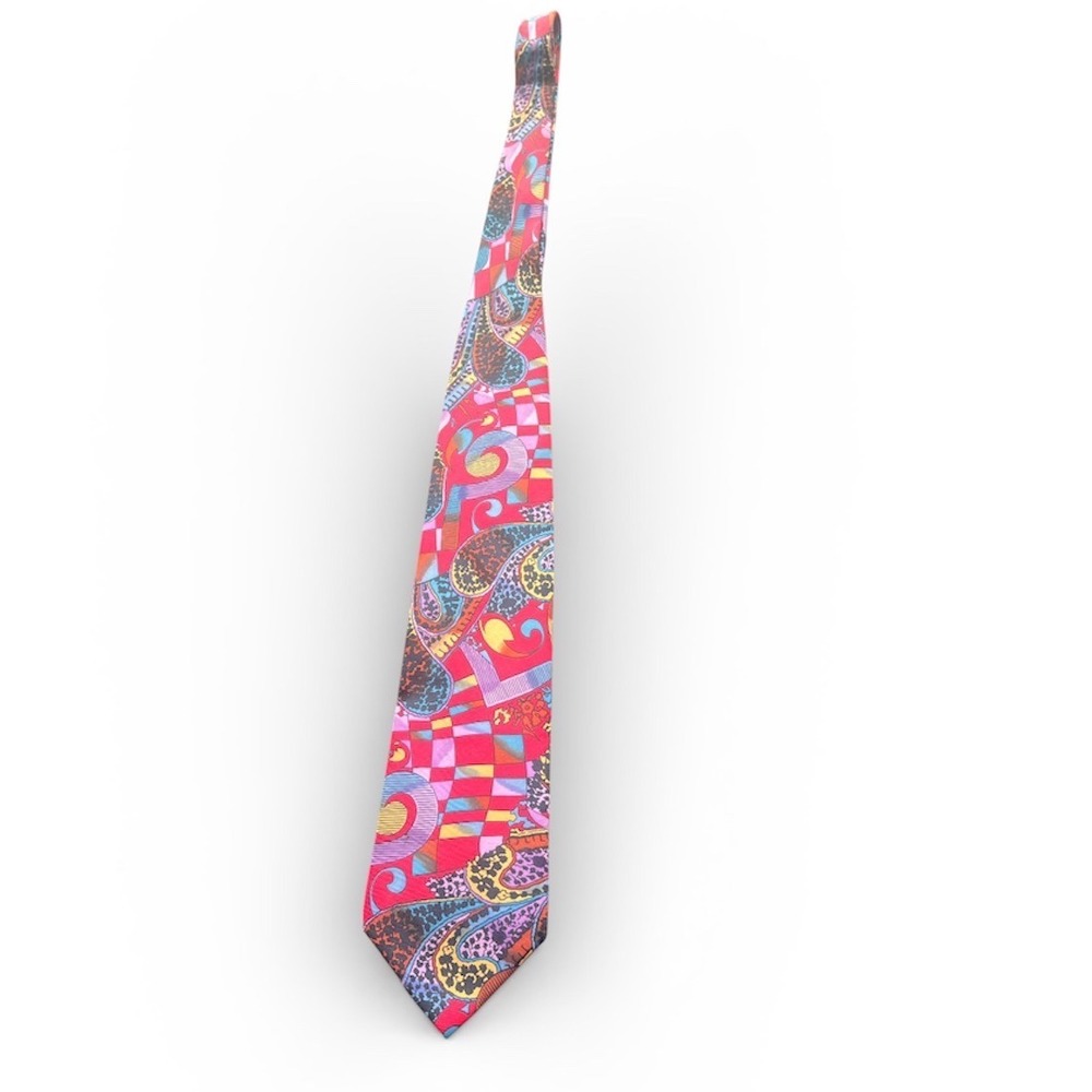 Vintage Kenzo Paris Mens Silk Tie Red Multi Paisley Geometric Made in Italy - Picture 2 of 5